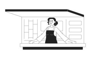 mujer dentro comida pista monocromo plano vector personaje. editable Delgado línea medio cuerpo alegre hembra esperando para pedidos en blanco. sencillo bw dibujos animados Mancha imagen para web gráfico diseño