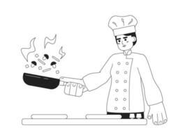 Skilled chef flipping vegetables monochromatic flat vector character. Editable thin line half body young man in uniform cooking on white. Simple bw cartoon spot image for web graphic design