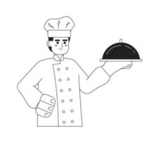 Male chef hold silver platter monochromatic flat vector character. Editable thin line half body young serious man with food tray on white. Simple bw cartoon spot image for web graphic design