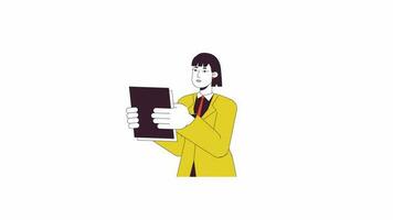 Female employee animation. Animated cartoon serious office worker holding papers. Isolated colour flat line 2D character 4K video footage, white background, alpha channel transparency for web design