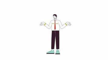 Office man shrugging animation. Animated cartoon showing puzzled reaction. Isolated colour flat line 2D character 4K video footage, white background, alpha channel transparency for web design