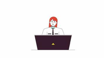 Female receptionist animation. Animated cartoon office worker laptop. Secretary. Isolated colour flat line 2D character 4K video footage, white background, alpha channel transparency for web design