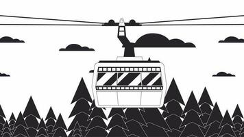 Cable car clouds bw lo fi animation. Cabin ropeway above forest skyline. Animated 2D monochrome outline landscape. Chill lofi music 4K video black white background, alpha channel transparency