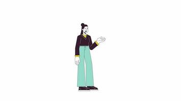 asiatisch Frau Berater Animation. animiert Karikatur Beratung Geschäftsfrau. isoliert Farbe eben Linie 2d Charakter 4k Video Filmaufnahme, Weiß Hintergrund, Alpha Kanal Transparenz zum Netz Design