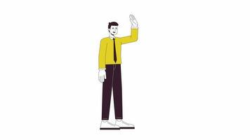 Büro Mann hoch fünf Animation. animiert Karikatur männlich Weiß Halsband Arbeiter glücklich. isoliert Farbe eben Linie 2d Charakter 4k Video Filmaufnahme, Weiß Hintergrund, Alpha Kanal Transparenz zum Netz Design