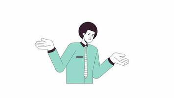 Confused smiling clerk man animation. Animated cartoon doubt gesture. Isolated colour flat line 2D character 4K video footage, white background, alpha channel transparency for web design