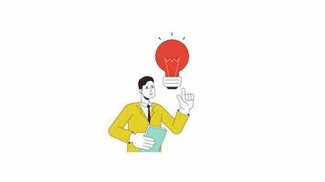 Entrepreneur lightbulb animation. Animated cartoon man with inspiration thoughts. Isolated colour flat line 2D character 4K video footage, white background, alpha channel transparency for web design