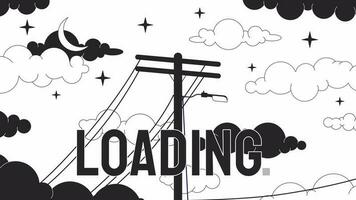 Wires night bw loader animation. Electrical cables on dreamy nighttime sky. Flash message 4K video. Chill lofi isolated monochrome loading animation, alpha channel transparency for UI, UX web design video