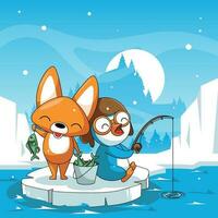 Cute Penguin and His Friend Fishing Together vector