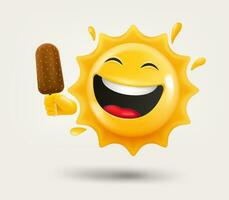 Happy sun emoji with icecream in a hand. 3d vector isolated on white background