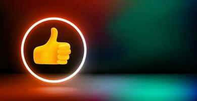 Banner with shining neon frame and thumbs up icon. 3d vector illustration with copy space