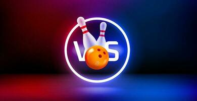 Showcase and shining neon frame and bowling battle concept. 3d vector banner with copy space