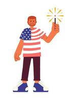 Patriotic 4th of july flat vector spot illustration. Proud man wearing american flag tshirt with sparkler 2D cartoon character on white for web UI design. Holiday isolated editable creative hero image