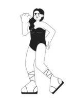 uno pedazo traje de baño joven indio mujer posando monocromo plano vector personaje. vacaciones complejo. editable Delgado línea lleno cuerpo persona en blanco. sencillo bw dibujos animados Mancha imagen para web gráfico diseño