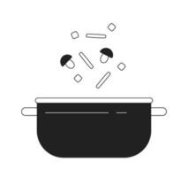 Add vegetables into pot monochrome flat vector object. Cut fresh mushrooms for soup. Editable black and white thin line icon. Simple cartoon clip art spot illustration for web graphic design