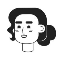 Cheerful young girl monochrome flat linear character head. Happy elegant woman with wavy hair. Editable outline hand drawn human face icon. 2D cartoon spot vector avatar illustration for animation