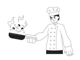 Woman in chef hat with pan monochromatic flat vector character. Editable thin line half body caucasian female flipping vegetables on white. Simple bw cartoon spot image for web graphic design