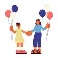 madre y hija con patriótico globos plano vector Mancha ilustración. árabe familia 2d dibujos animados caracteres en blanco para web ui diseño. 4to independencia día aislado editable creativo héroe imagen