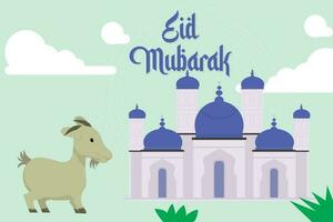 eid ul adha Mubarak vector ilustración diseño con cabra y mezquita minar