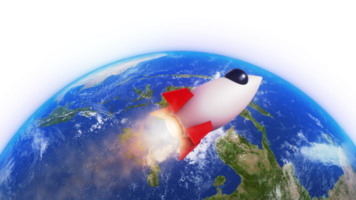 3D Render Rocket Jet Fly into Galaxy Space Star Field And Earth Planet 3D Illustration Background png