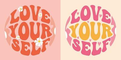 Love yourself retro groovy lettering. Retro slogan in round shape. Colourful trendy print design for posters, cards, T-shirts in hippie style 60s, 70s. vector