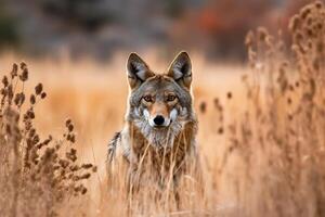 cautivador capturar majestuoso coyote itinerancia en salvaje desierto. generativo ai foto