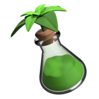 Erlenmeyer flask with green liquid. Chemistry flask. Lab flask and plant. Ecology concept. 3d rendering illustration png