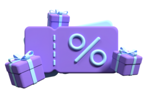 3d Gutscheine mit Geschenke. Coupon mit Geschenk Box und ein Prozentsatz unterzeichnen. Verkauf und Verkauf kommerziell Konzept. 3d Rendern Illustration png