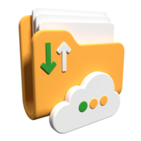 Cloud storage 3d illustration. File transfer concept. Cloud download and upload icon. Digital file organization service or app with data transfering. 3d render illustration png