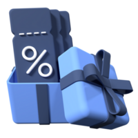 Coupon with gift box and a percentage sign. Discount voucher with gift box . Creative concept of online bargain shopping. 3d rendering illustration png