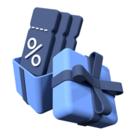 Coupon with gift box and a percentage sign. Discount voucher with gift box . Creative concept of online bargain shopping. 3d rendering illustration png