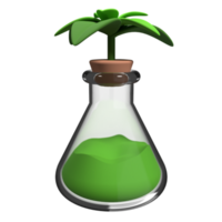 Erlenmeyer flask with green liquid. Chemistry flask. Lab flask and plant. Ecology concept. 3d rendering illustration png