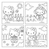Cute Kitty's Farming Activities in Coloring Book Page vector