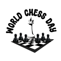 World Chess Day text with chess pieces on chessboard clipart on transparent background, world chess day calligraphy, lettering inscription, chessboard with chess pieces clipart png