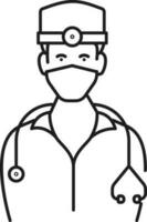 Surgeon doctor wearing torch cap icon in black line art. vector