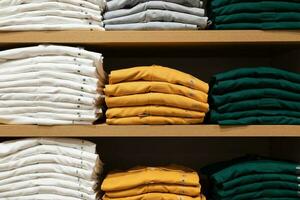 Stack of cotton colorful clothes on table in cloth store. photo