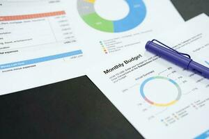 Budget planning concept. Business  Planning Strategy Analysis discussing new plan financial graph data. Work with document graphs and calculator Concept. photo