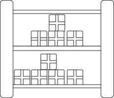 Shelving with boxes in black line art illustration. vector