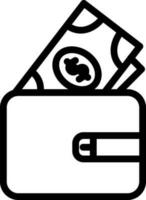 Wallet with banknote icon in black line art. vector