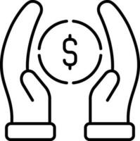 Hand holding dollar coin icon in thin line art. vector