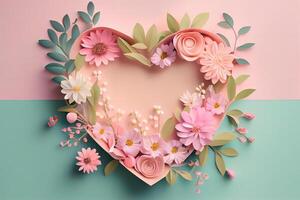 Creative layout with pink flowers, paper heart over punchy pastel background. photo