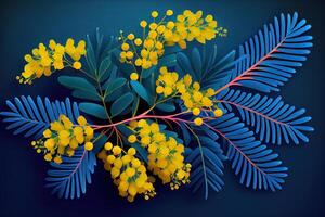 spring yellow mimosa flowers composition over pastel blue background. photo
