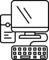 Computer with Keyboard and CPU Icon in Line Art. vector