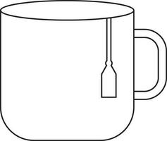 Black line art illustration of a tea bag in mug. vector