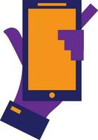 Purple hand holding blue and orange smartphone. vector