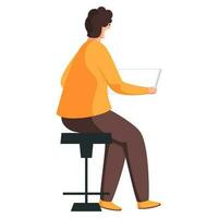 Side View of Young Man Wear Protective Mask with Using Laptop Sit on Stool. vector