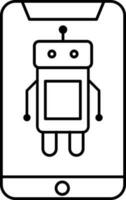 línea Arte ilustración de robot en teléfono inteligente icono. vector