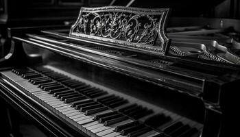 cerca arriba de elegante antiguo pasado de moda piano llave, parte de majestuoso grandioso piano generado por ai foto