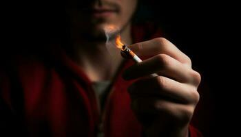 uno hombre participación cigarrillo, encendido fuego, de fumar adiccion, insalubre estilo de vida generado por ai foto