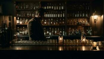 adulto masculino barman torrencial whisky a iluminado bar mostrador generado por ai foto